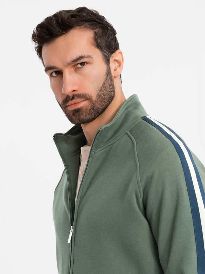 Men's sweatshirt with high collar and stripes - olive V2 OM-SSZP-0219