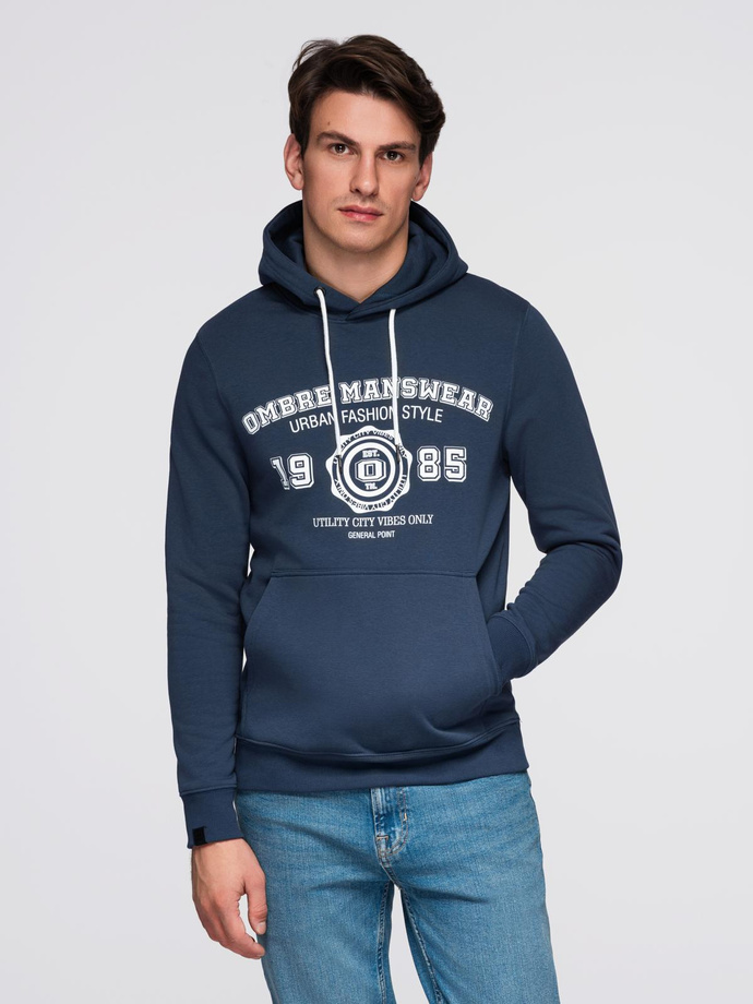 Men's sports hoodie with large print - navy blue V2 B1714