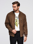 Men's imitation leather jacket with ribbed hem - dark brown V1 OM-JAFL-0109