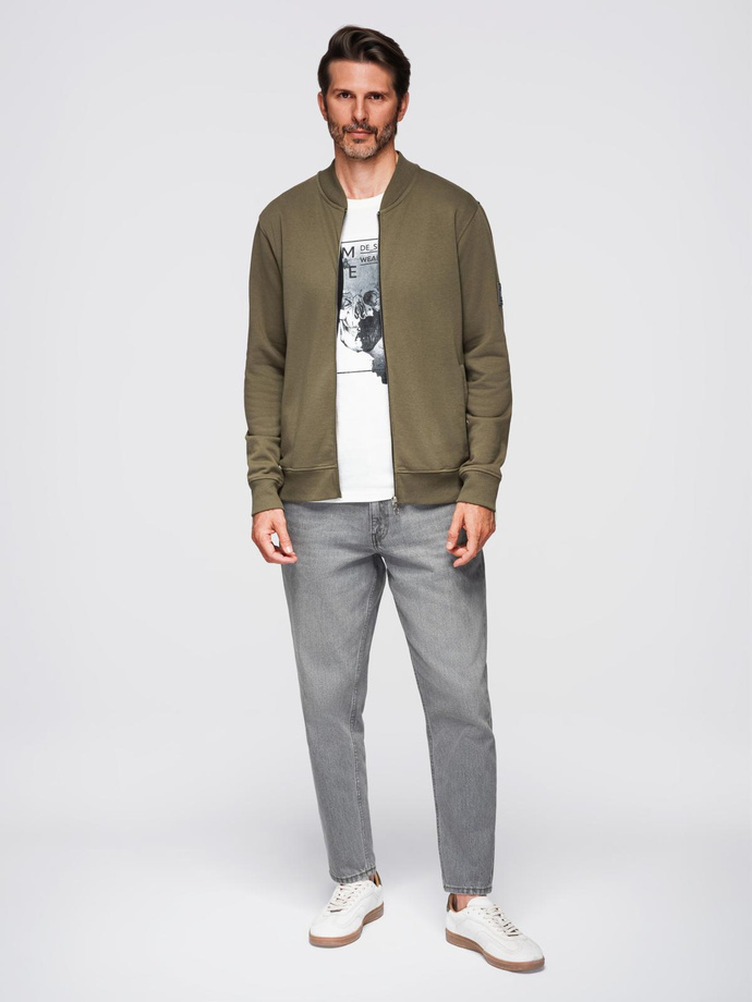 Cotton unbuttoned men's sweatshirt bomber - khaki V1 OM-SSZP-0215