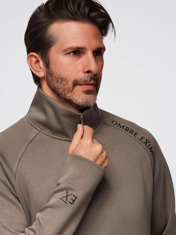 Men's sweatshirt with contrasting print and unbuttoned high collar - grey-brown V3 OM-SSZP-0211