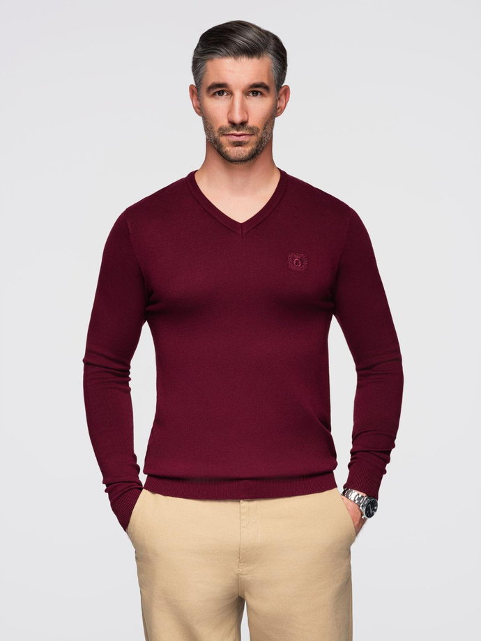 Sweter męski elegancki BASIC V-neck z wiskozą – bordowy V13 OM-SWBS-0107