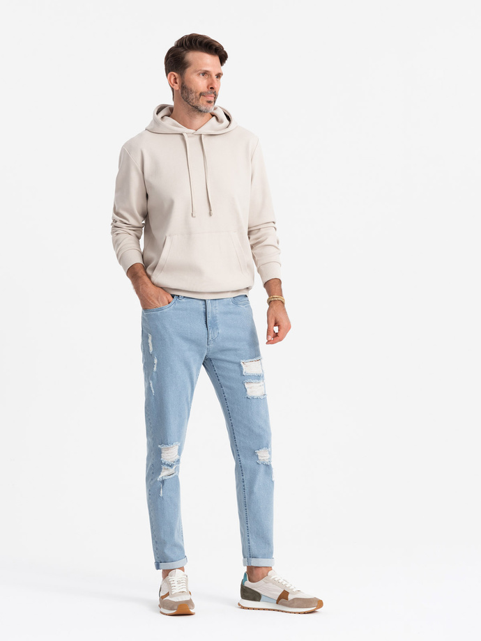 Washowane męskie jeansowe spodnie TAPERED FIT z przetarciami – błękitne V1 OM-PADP-0163