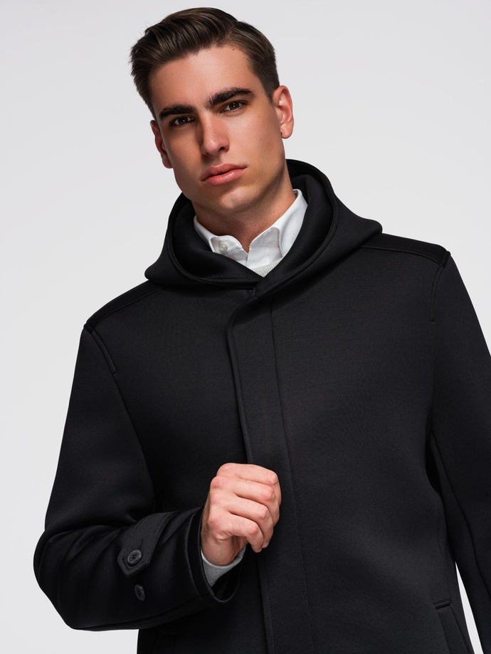 Men's insulated coat with hood and concealed zipper - black V1 OM-COWC-0110