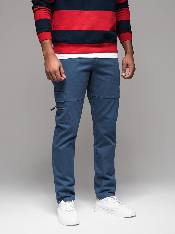 Men's STRAIGHT LEG cargo pants with zippered pockets - dark blue V1 OM-PACG-0204