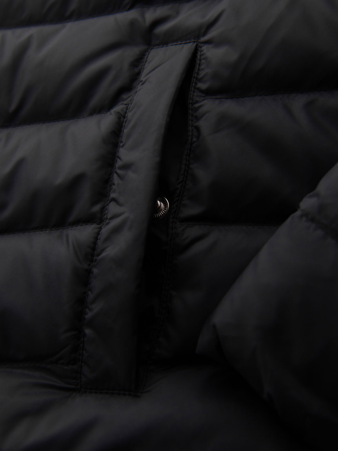 Men's quilted jacket with combined materials and hood - navy blue V3 OM-JALJ-0266