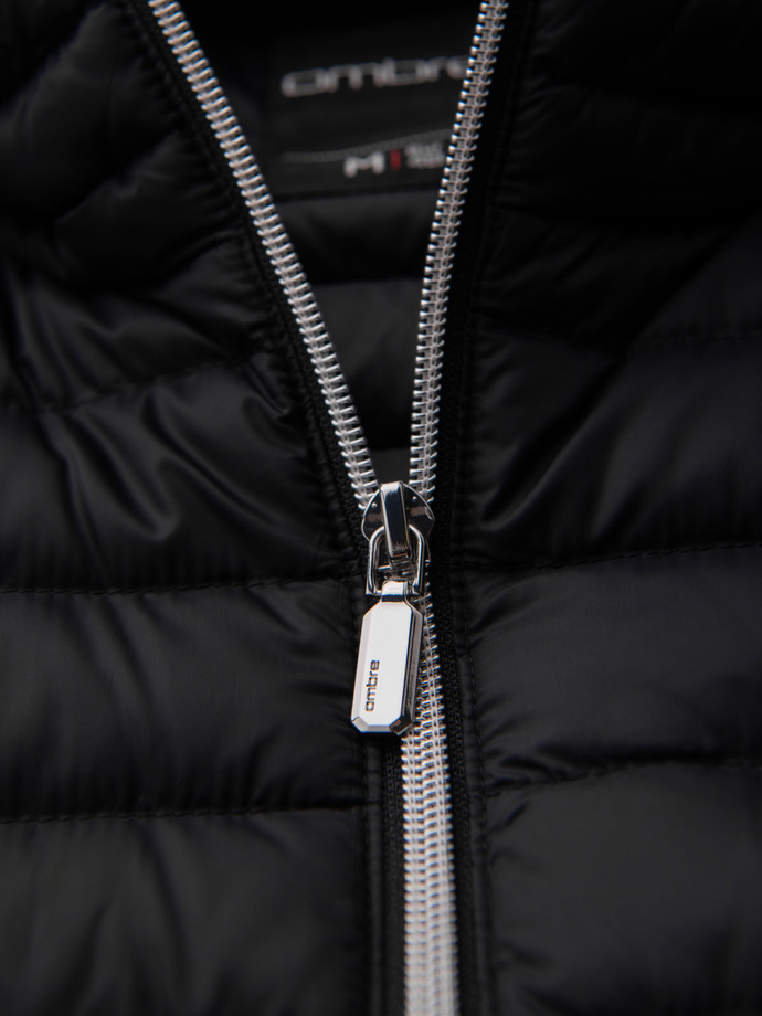 Men's quilted jacket with combined materials and hood - navy blue V3 OM-JALJ-0266