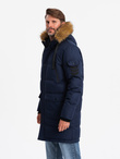 Men's long warm parka hooded jacket - navy blue V1 OM-JALJ-0182