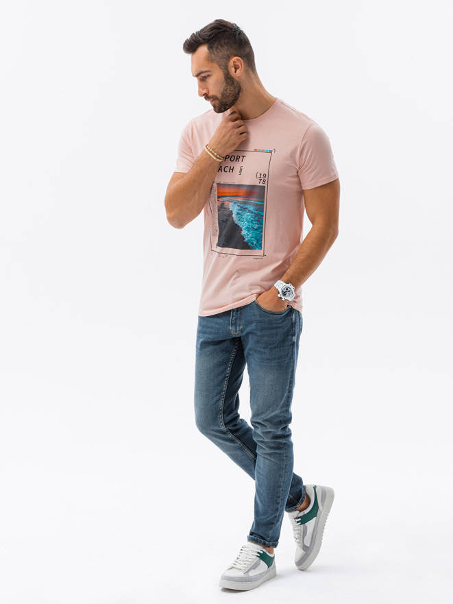 T-shirt męski z nadrukiem - różowy V15B S1434
