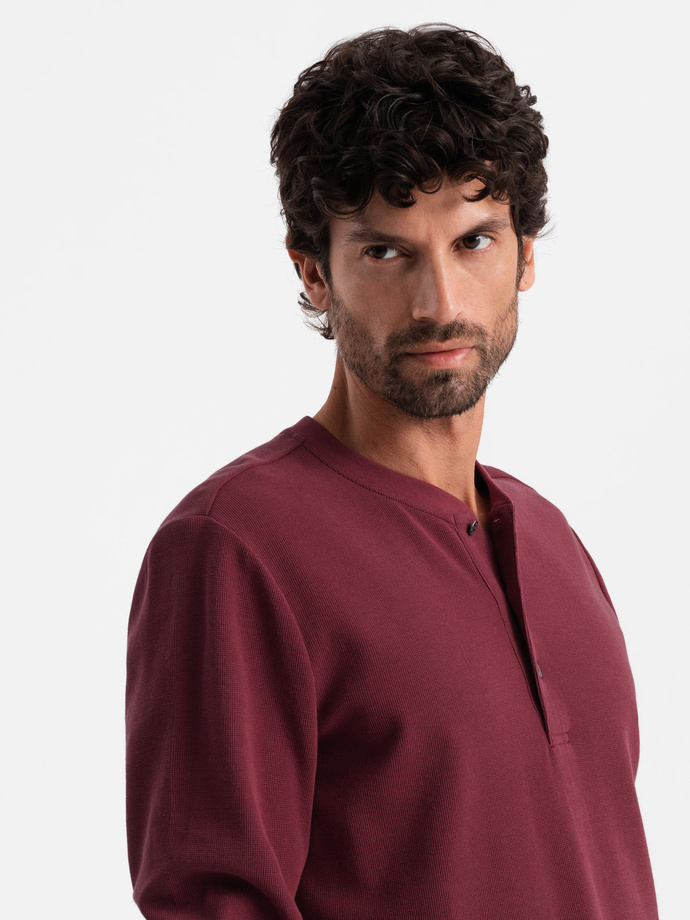 Button up neck men's waffle knit longsleeve - maroon V2 OM-LSCL-0120