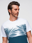 T-shirt meski dwukolorowy z nadrukiem w liście palmy - ciemnoniebieski V1 OM-TSPT-0177
