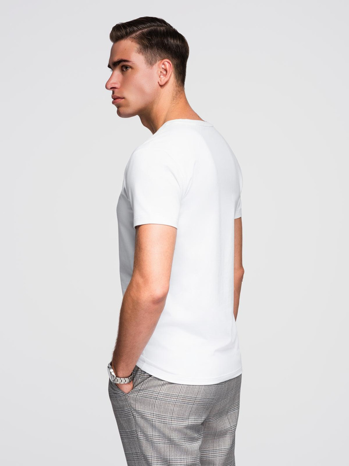 Męski t-shirt V-neck SLIM FIT z elastanem i printem – biały V2 OM-TSBC-0221 