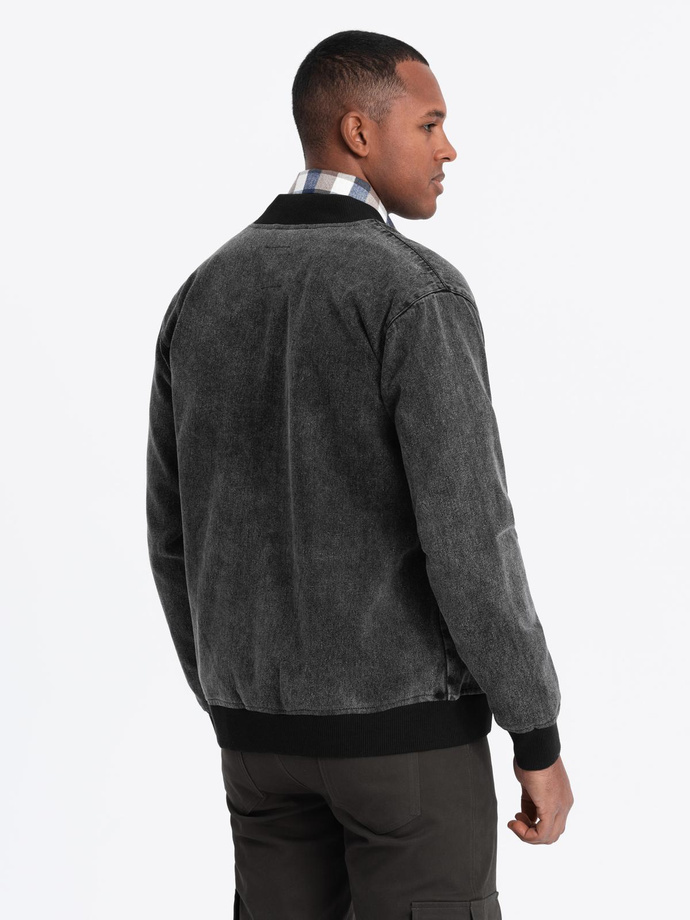 Men's denim bomber jacket with stone wash effect - black V2 OM-JADJ-0163