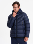 Men's winter quilted jacket of combined materials - navy blue V2 OM-JAHP-0145