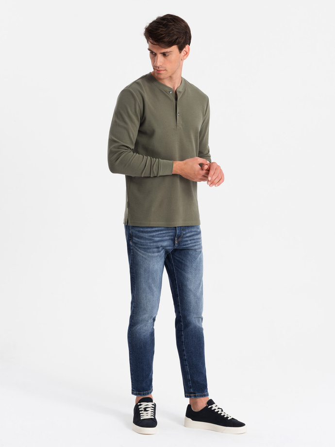 Zapinany pod szyją męski longsleeve z dzianiny waflowej – oliwkowy V1 OM-LSCL-0120