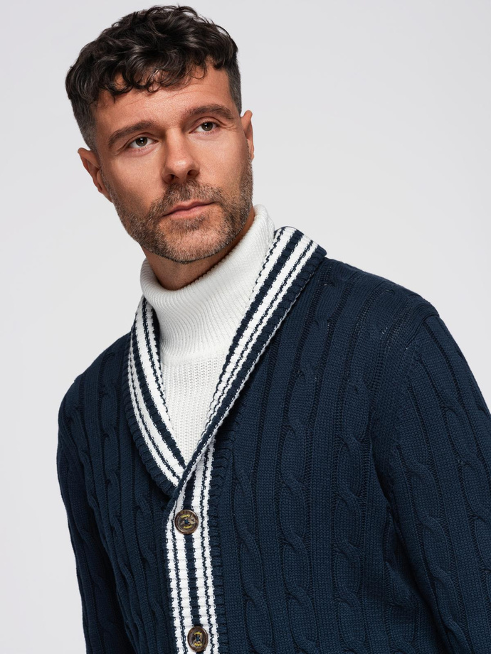 Knitted monochrome men's viscose cardigan - navy blue V1 OM-SWCD-0126
