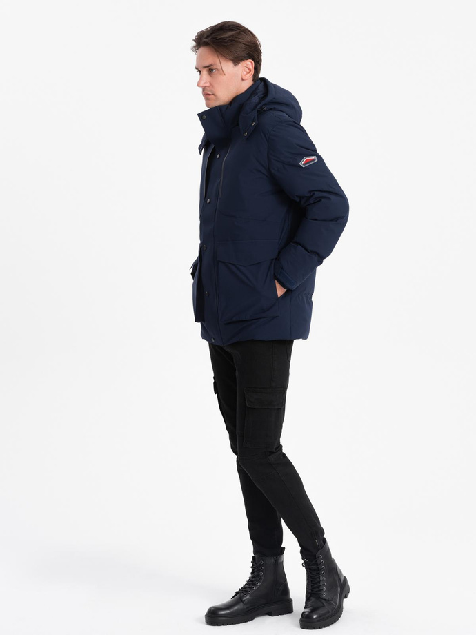 Men's winter jacket with detachable hood made of waterproof material - navy blue V1 OM-JAHP-0306