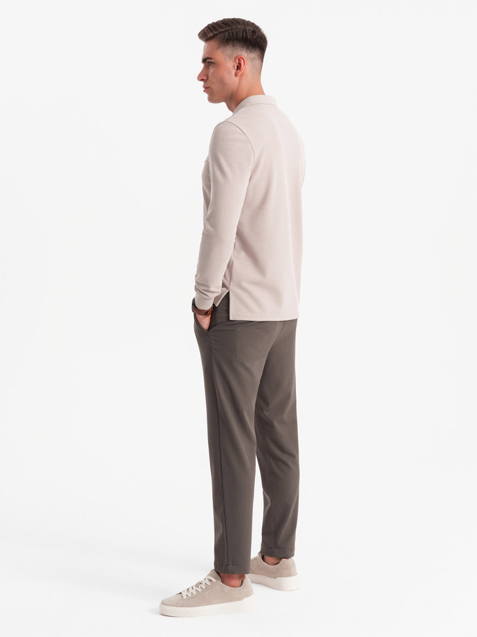 Strukturalny longsleeve polo męski z naszywką – popielaty V3 OM-POLS-0131