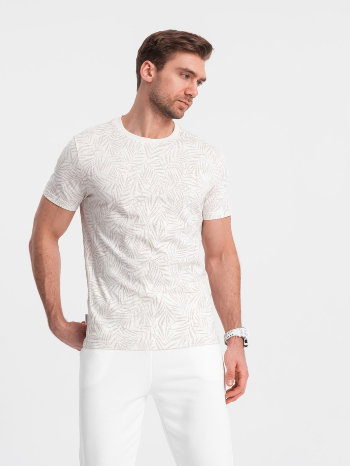 Men's fulllprint t-shirt in palm leaves - light beige V1 OM-TSFP-0182
