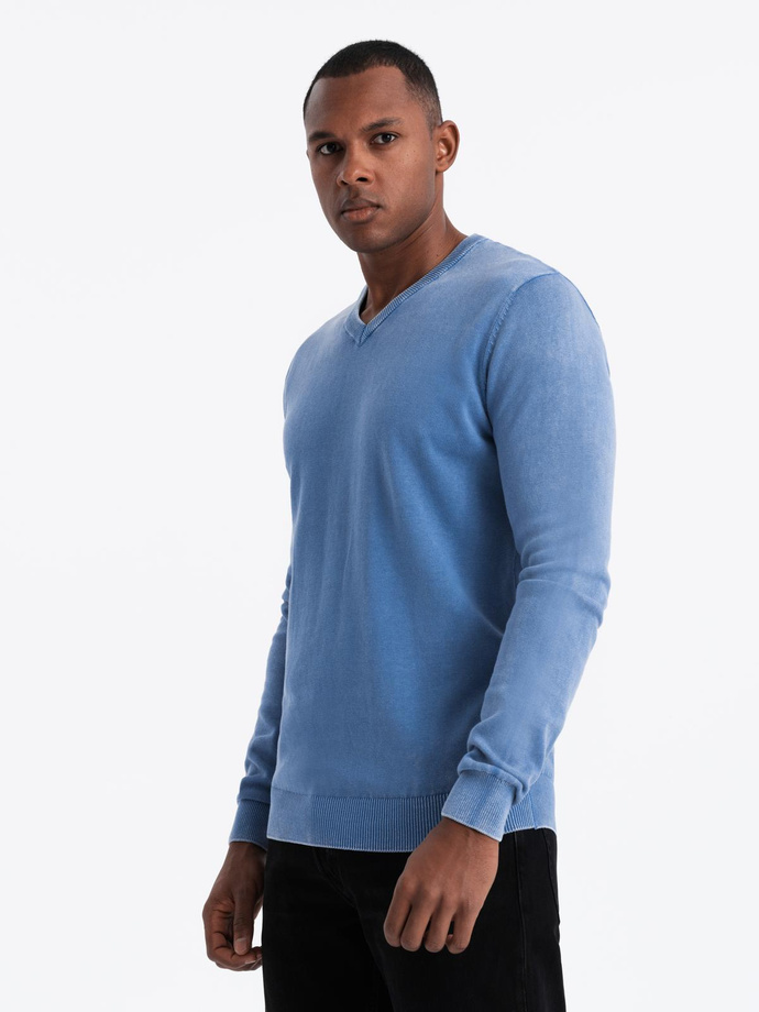 Men's wash sweater with v-neck - blue V4 OM-SWOS-0108