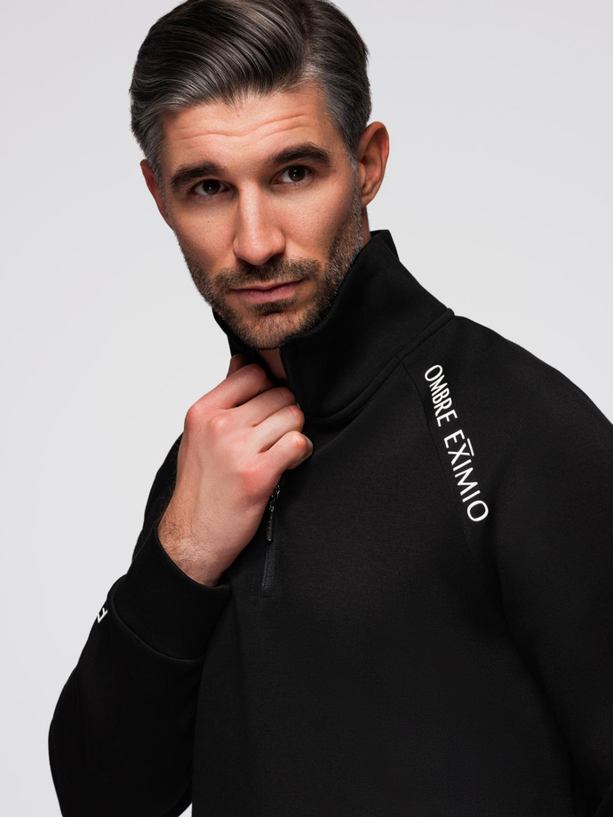 Men's sweatshirt with unbuttoned high collar and contrasting print - black V1 OM-SSZP-0211