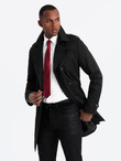 Elegancki płaszcz męski trencz SLIM FIT z paskiem – czarny V2 OM-COSC-0126