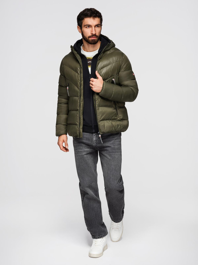 Men's quilted winter jacket with combined materials - dark olive green V3 OM-JAHP-0145