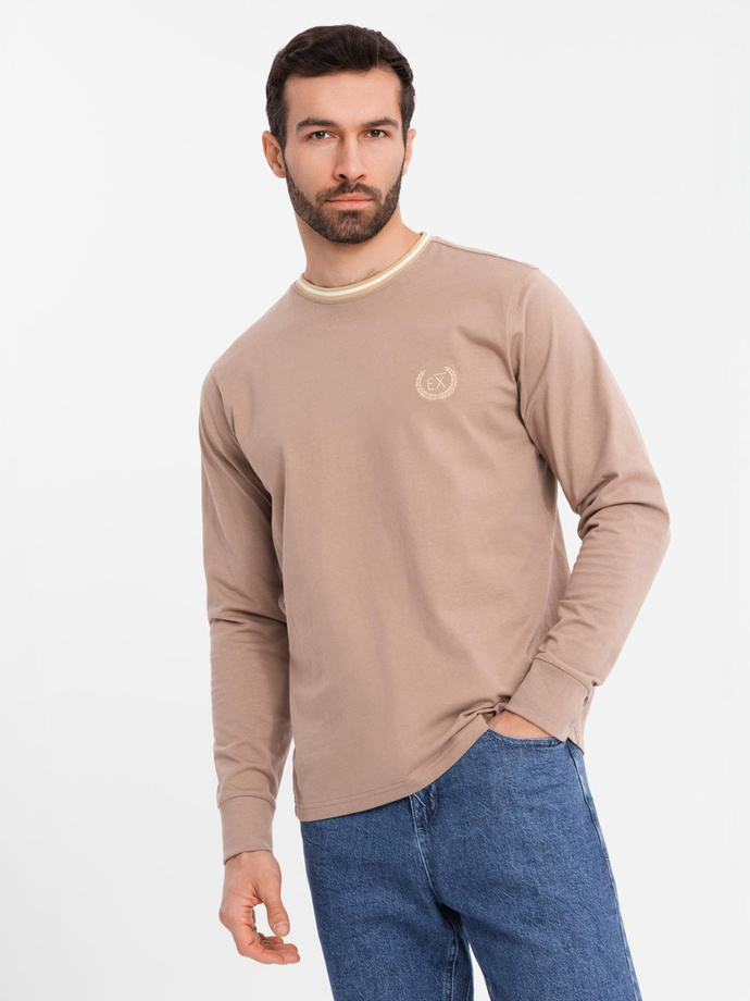Longsleeve bawełniany męski z dekoltem U w paski i haftem – brązowy V6 OM-LSCL-0128