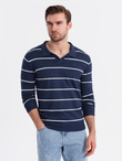 Męski longsleeve polo w poziome paski z wiskozą – granatowo-biały V1 OM-POLS-0146