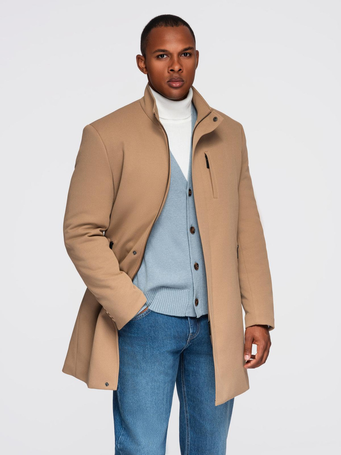 Men's coat with asymmetrical fastening and high collar - light brown V4 OM-COWC-0120