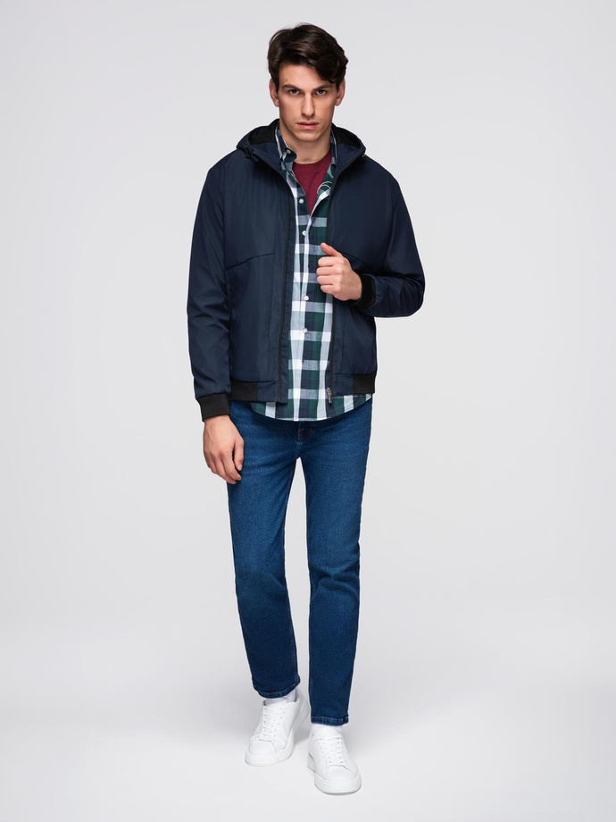 Men's lightweight jacket with hood and mesh lining - navy blue V1 C640