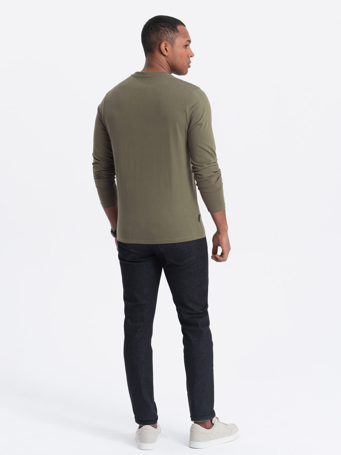 Longsleeve męski bez nadruku z dekoltem w serek - ciemnooliwkowy V2 OM-LSBL-0108