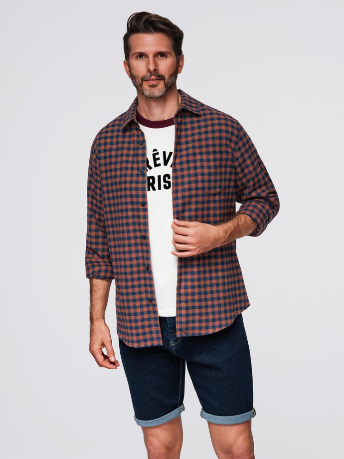 Koszula męska flanelowa w kratę - granatowo-ceglasta V6 OM-SHCS-0150