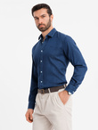 Men's denim shirt with lyocell and embroidery on chest - dark blue V1 OM-SHDS-0180