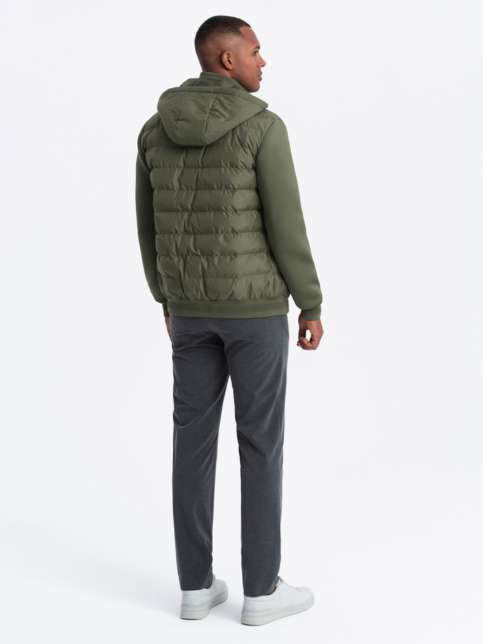 Men's quilted bomber jacket with high collar - dark olive green V3 OM-JALP-0140
