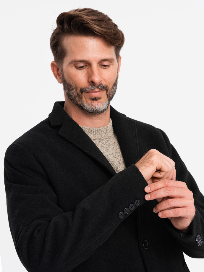 Single-breasted long men's suit style coat - black V1 OM-COWC-0105