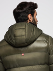 Men's quilted winter jacket with combined materials - dark olive green V3 OM-JAHP-0145