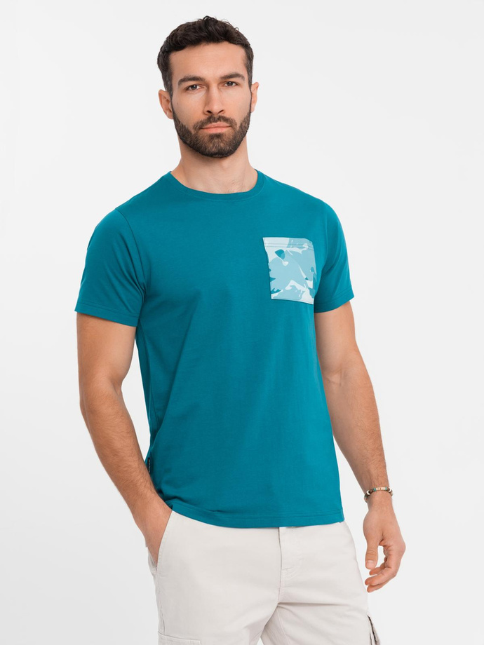 Men's cotton t-shirt with printed pocket - turquoise V1 OM-TSPT-0228
