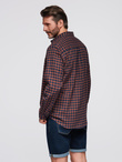 Koszula męska flanelowa w kratę - granatowo-ceglasta V6 OM-SHCS-0150