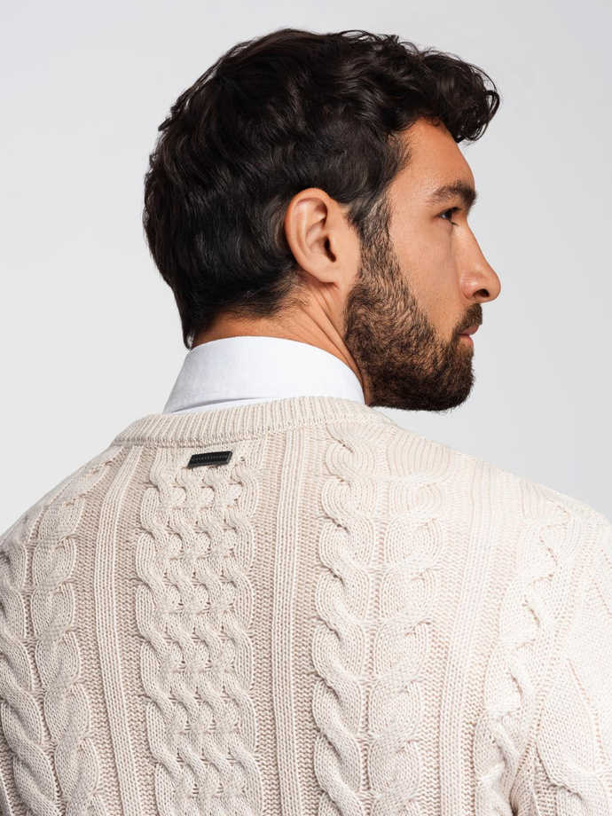 Elegancki sweter męski z ciekawym splotem – ecru V1 OM-SWSW-0173