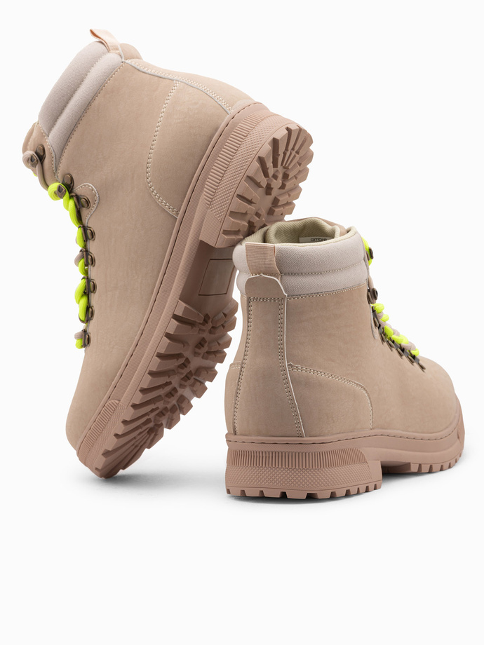 Zimowe buty męskie trekkingowe z kontrastowymi sznurówkami - piaskowe V1 OM-FOBO-0132