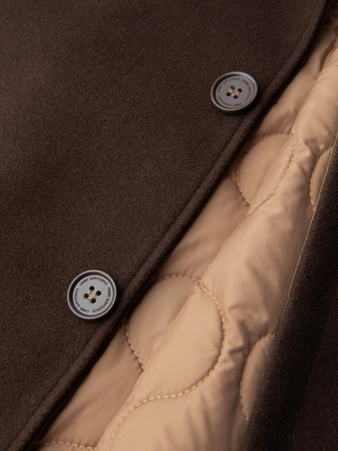 Single-breasted men's long coat with collar and bolster - brown V4 OM-COWC-0135