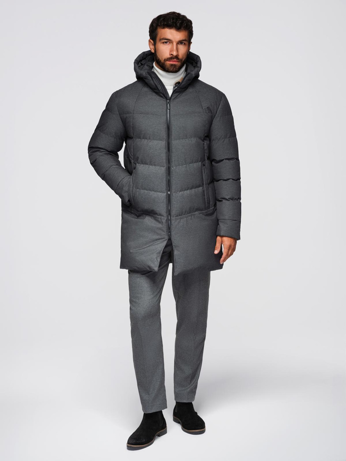 Men's long quilted jacket with hood - grey V2 OM-JALJ-0264