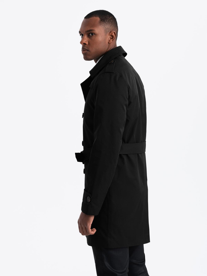 Elegancki płaszcz męski trencz SLIM FIT z paskiem – czarny V2 OM-COSC-0126