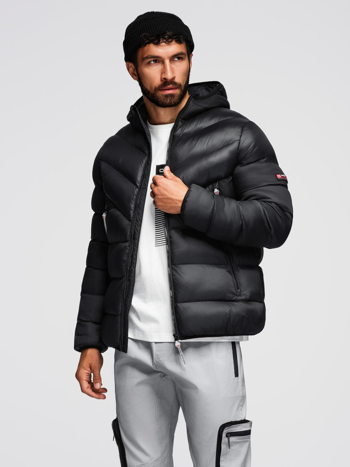 Modern quilted men's jacket of combined materials - black V1 OM-JAHP-0303