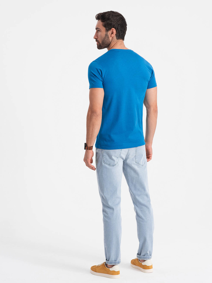 Męski klasyczny bawełniany T-shirt BASIC - niebieski V12 OM-TSBS-0146