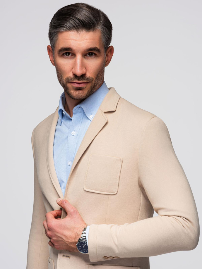 Men's SLIM knit jacket with subtle texture - beige V5 OM-BLZB-0101
