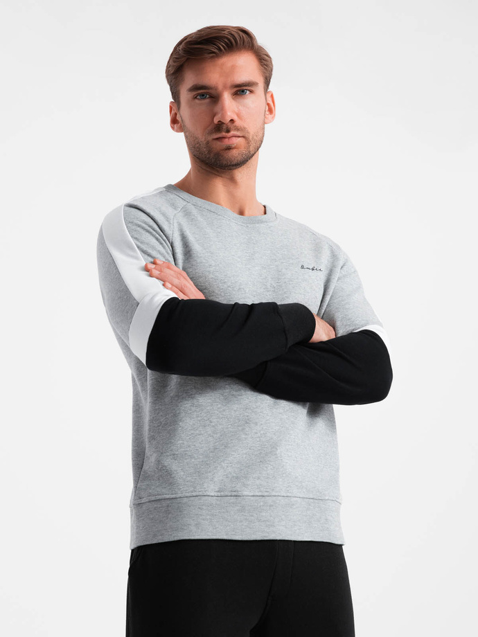 Trójkolorowa męska bluza dresowa z raglanowymi rękawami – szara V1 OM-SSNZ-22FW-003