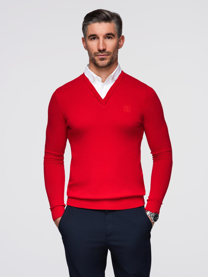 Men's sweater with a "v-neck" neckline with a shirt collar - red V4 OM-SWSW-0102