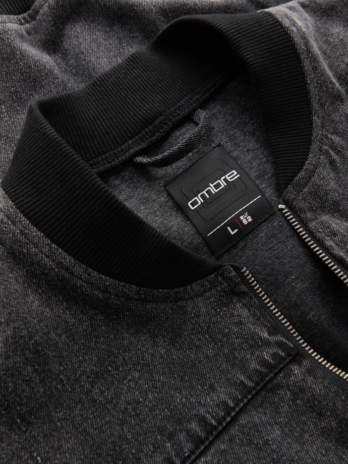 Men's denim bomber jacket with stone wash effect - black V2 OM-JADJ-0163